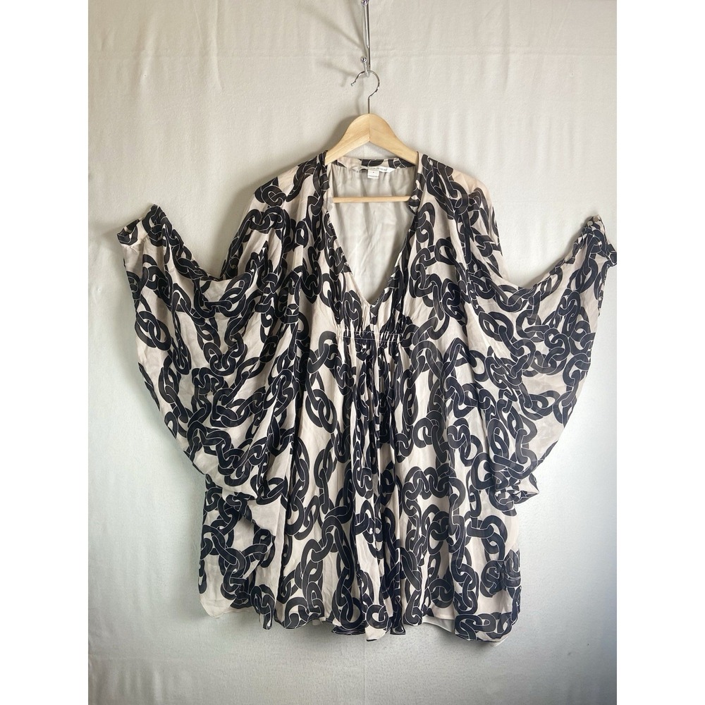 Diane von Furstenberg Fleurette Kaftan Top Size 4 Silk Black Beige Chain Boho